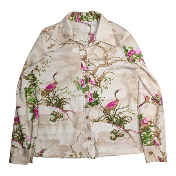 Vtg 1970s Georgee Originals Ivory Crane Branch Print Polyester Button Up Top L - Picture 1 of 4